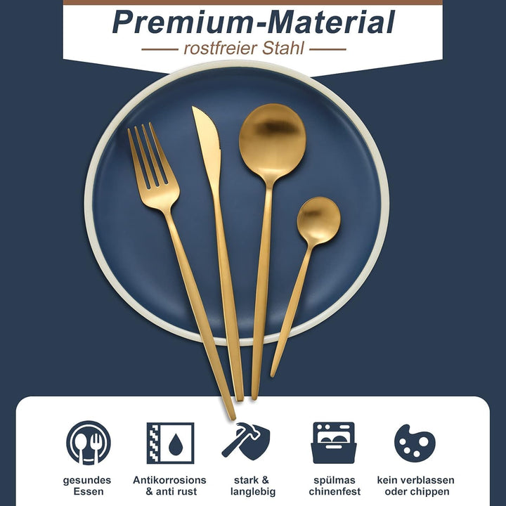 Bestdin Besteck Set 6 Personen, 24 teilig Edelstahl Besteckset Matt Gold Essbesteck Set mit Messer G