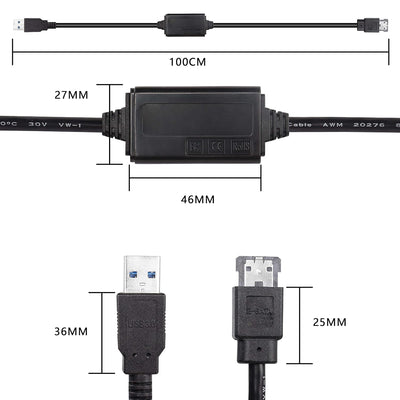 XMSJSIY USB zu eSATA Adapter Kabel 5Gbps USB 3.0 zu Power eSATA Konverter Kabel 5V für HDD/SSD/ODD L