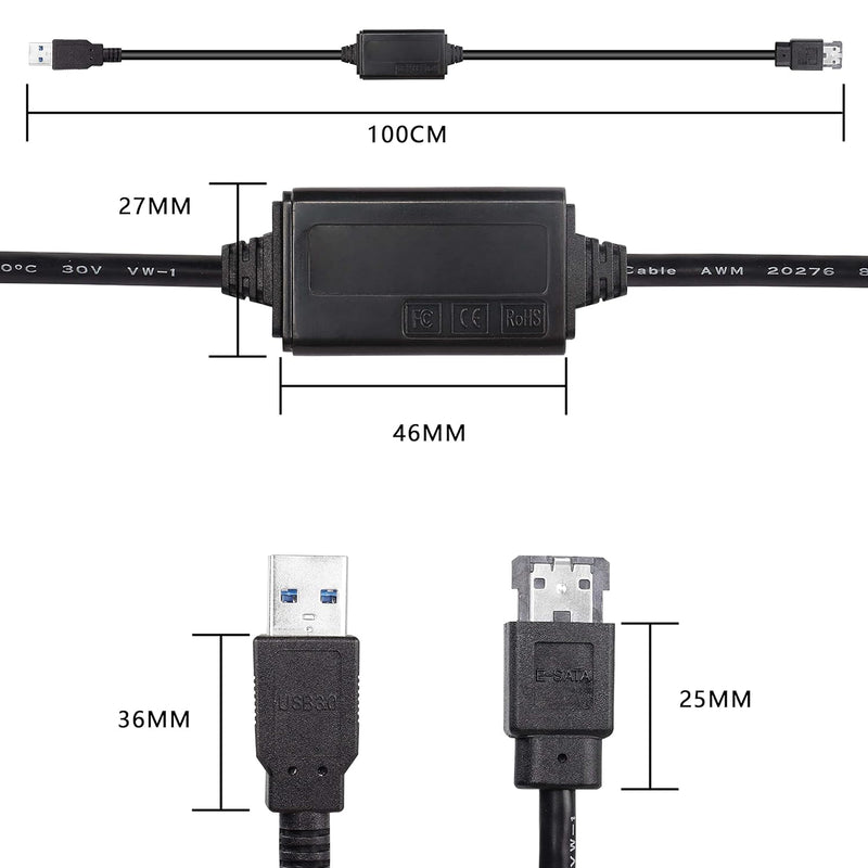 XMSJSIY USB zu eSATA Adapter Kabel 5Gbps USB 3.0 zu Power eSATA Konverter Kabel 5V für HDD/SSD/ODD L