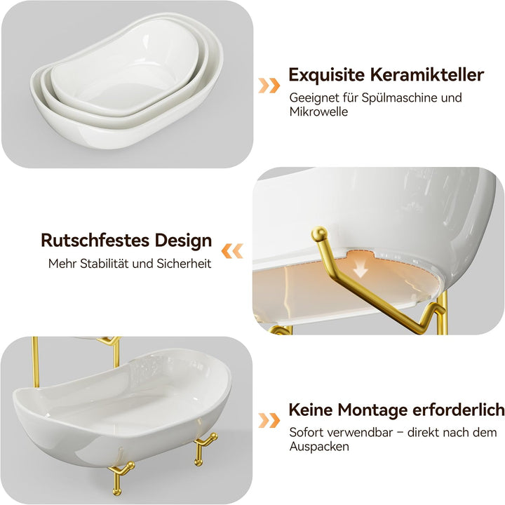 Josmimic Obst Etagere aus Keramik, 3-stufiger Obstkorb mit Metallständer in Gold, Mehrstöckige Obsts