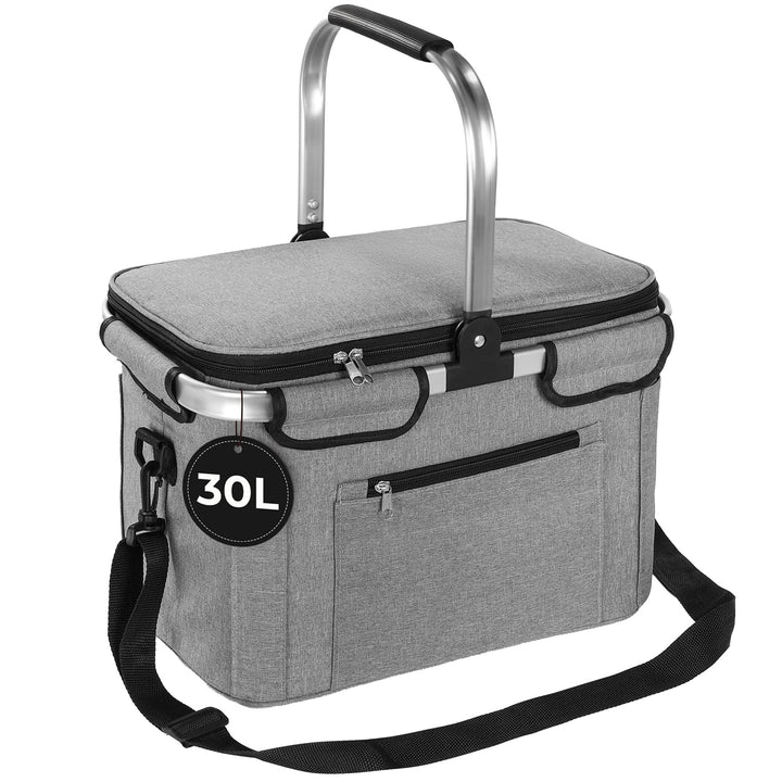 OUSFOT Einkaufskorb, 30L Picknickkorb Mutti Korb Faltbar Grau mit Deckel Perfekt für Shopping, Pickn