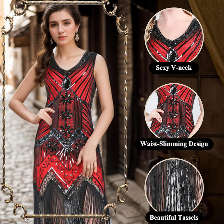FEPITO 1920er Jahre V-Ausschnitt Pailletten Perlen Fransen Kleid mit 20er Jahren Zubehör Set Red（sty