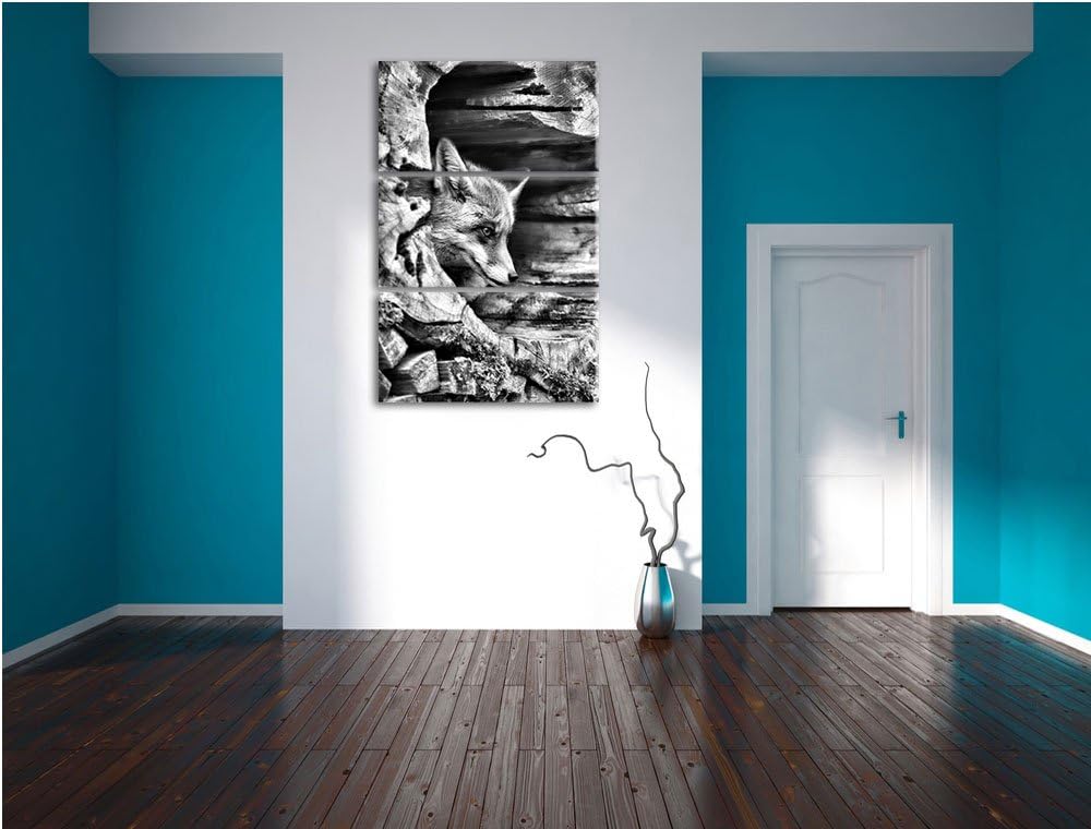 Pixxprint Fuchs im Baumstamm als Leinwandbild/Grösse: 3 Teilig (120x80) / Wandbild/Kunstdruck/fertig