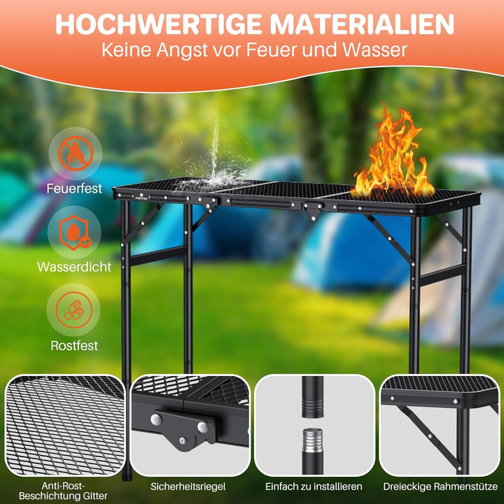 FUNYKICH 3ft Tragbarer Grilltisch 90 x 40cm, Campingtisch Outdoor Klappbar mit 3 Höhen Verstellbarer