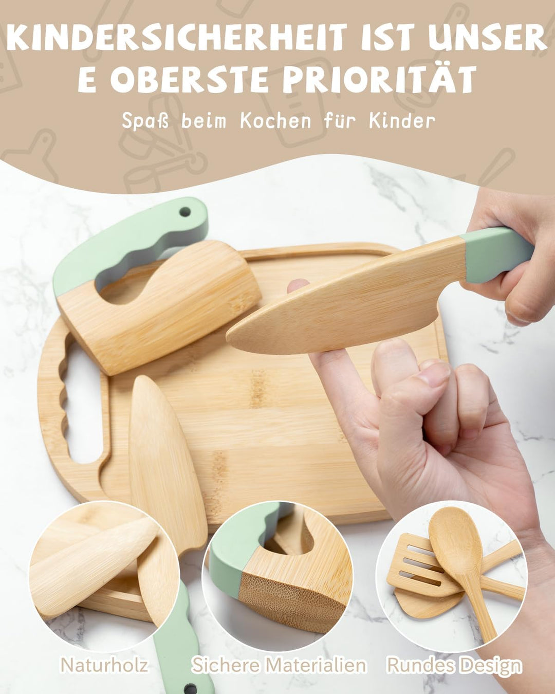 Kindermesser Set – 15-teilig mit sicherem Kiddikutter, Holzmesser Schneidebrett – Montessori Küchens