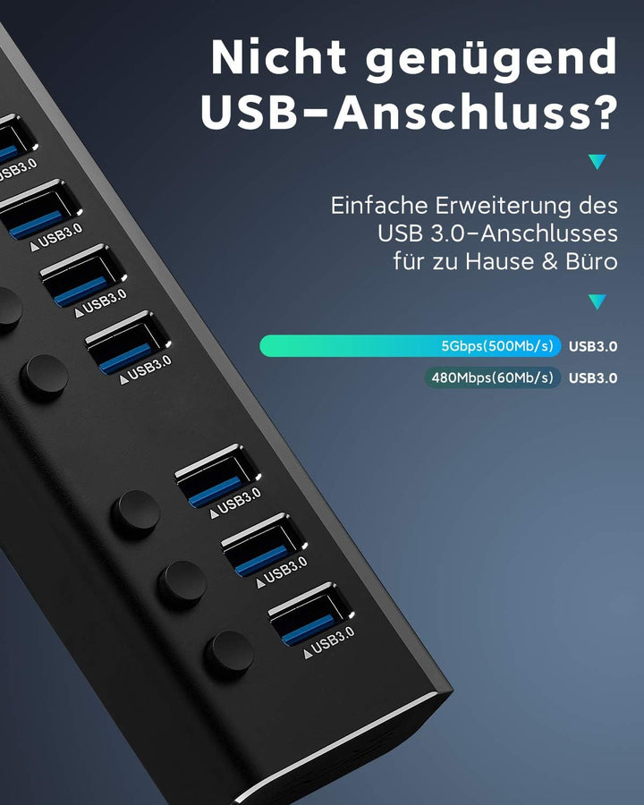 RSHTECH Aluminium 24W USB Hub Aktiv 3.0 mit 12V/2A Netzteil, 7-Port USB 3.0 Hub Multiport USB 3.0 Ve