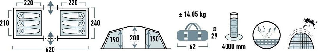 High Peak VIS-A-VIS Tunnelzelt Tauris 6, 6 Personen Campingzelt mit Stauraum und Zeltboden, grosses