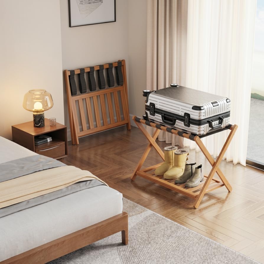 BAMBOOHOMIE Bambus Gepäckablage für Gästezimmer, 26,77" Klappbarer Kofferständer mit Ablagefach, Ver