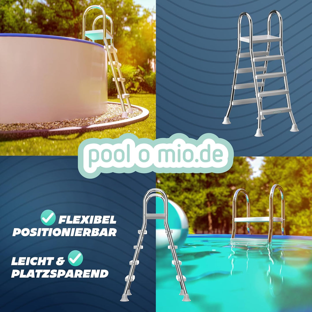 poolomio® Poolleiter Edelstahl mit Handlauf bis 132 cm | Einstiegsleiter mit 4 Stufen für Aufstellpo