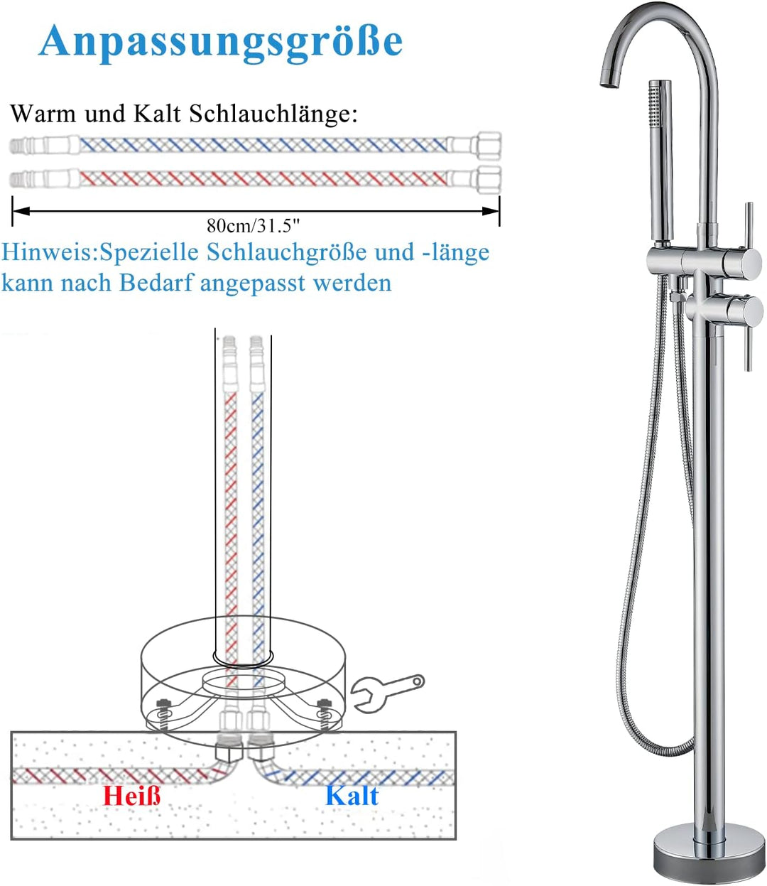 Rozin Badewannenarmatur Freistehende Badewanne Armatur Chrom Messing 360 Grad Schwenkauslauf Badewan