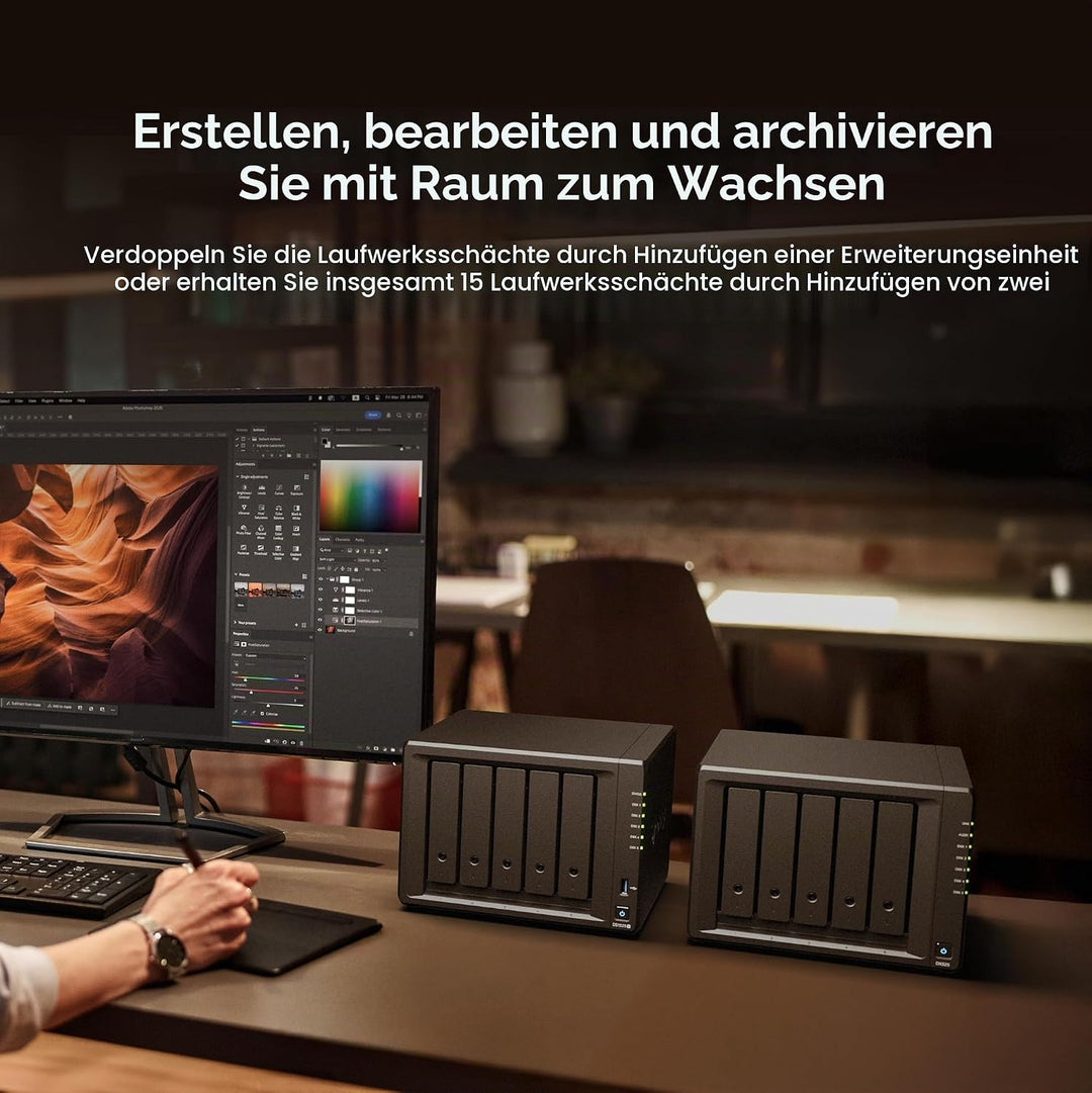 Synology Erweiterbares NAS-Kit mit 5 Schächten, DS1525+ AMD RyzenCPU mit 8 GB Speicher, 2,5 GbE Stan