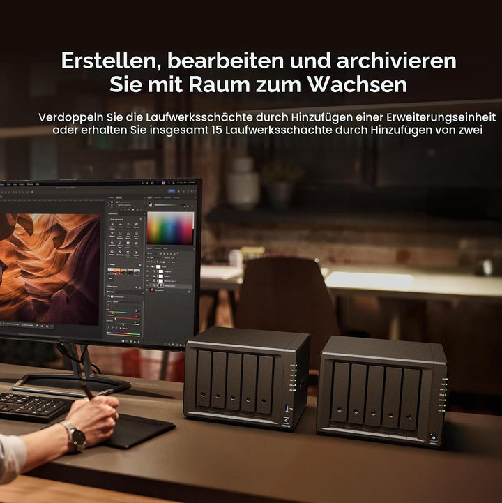 Synology Erweiterbares NAS-Kit mit 5 Schächten, DS1525+ AMD RyzenCPU mit 8 GB Speicher, 2,5 GbE Stan