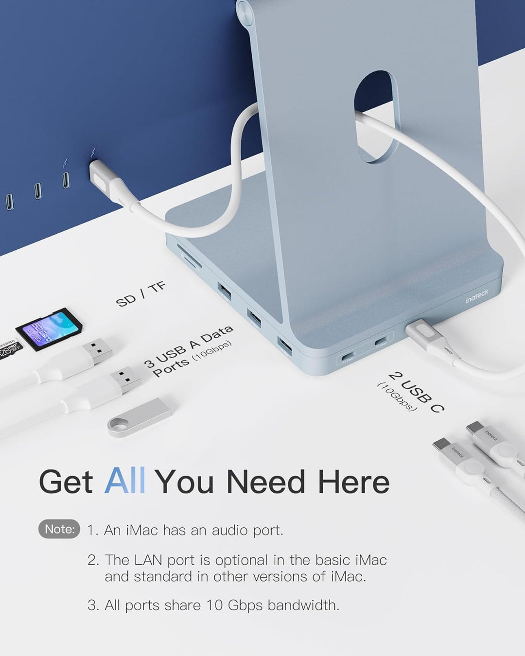 Inateck USB C Hub für iMac, Dockingstation Kompatibel mit iMac 24 Zoll 2021/2023, USB 3.2 Gen 2, 8-i