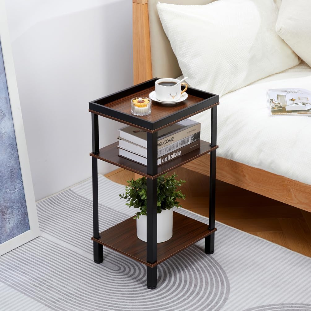 Beistelltisch Industrial Design, Nachttisch mit 3 Ebenen &amp; Hohem Rand, Kleiner Sofatisch Holzoptik D