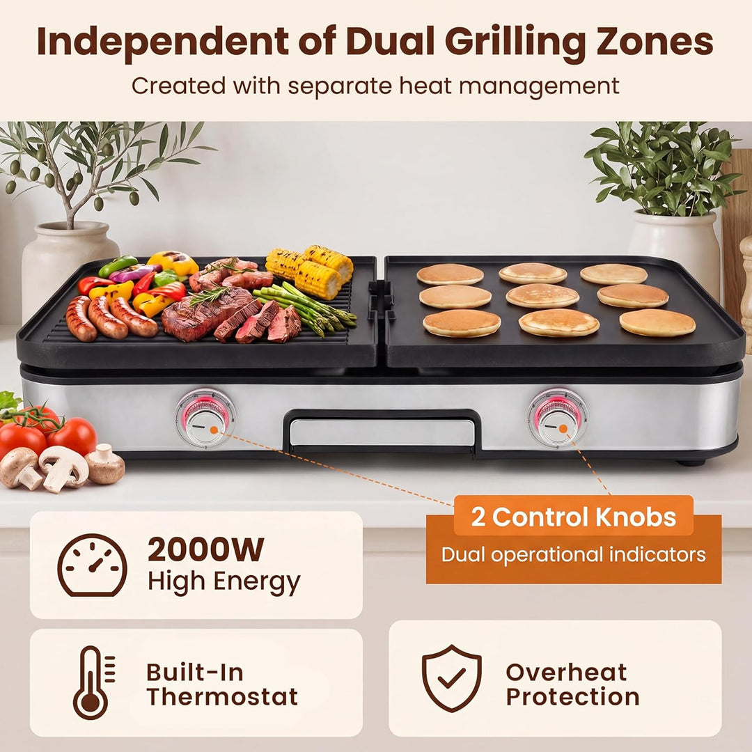 LIFEZEAL Elektrogrill, Tischgrill elektrisch 2000 W, Elektrischer Plattengrill Indoor mit 2 wendbare