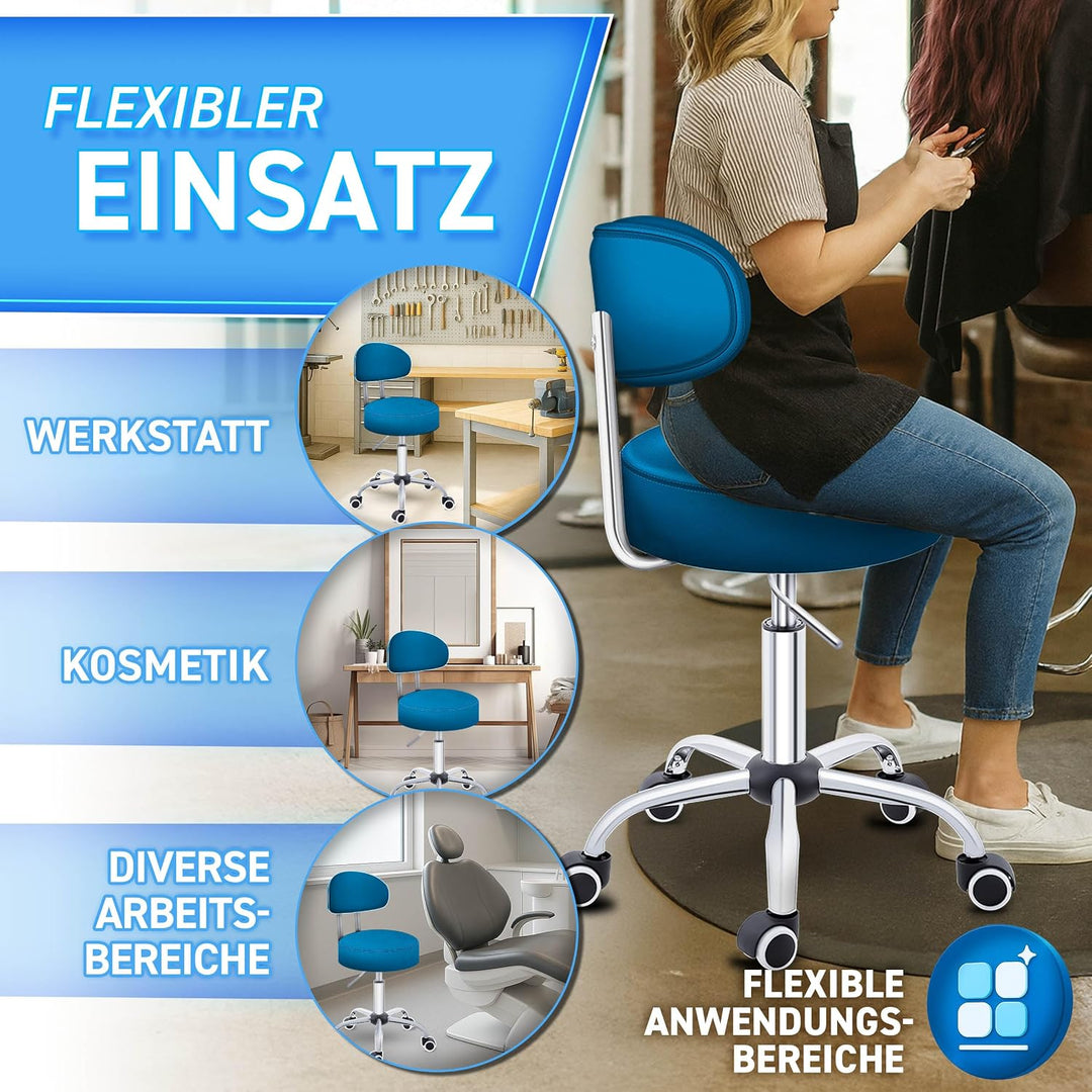 TRESKO® Rollhocker mit Lehne höhenverstellbar 10cm Dicke Polsterung Drehbar | Hocker 46-58cm | Arbei