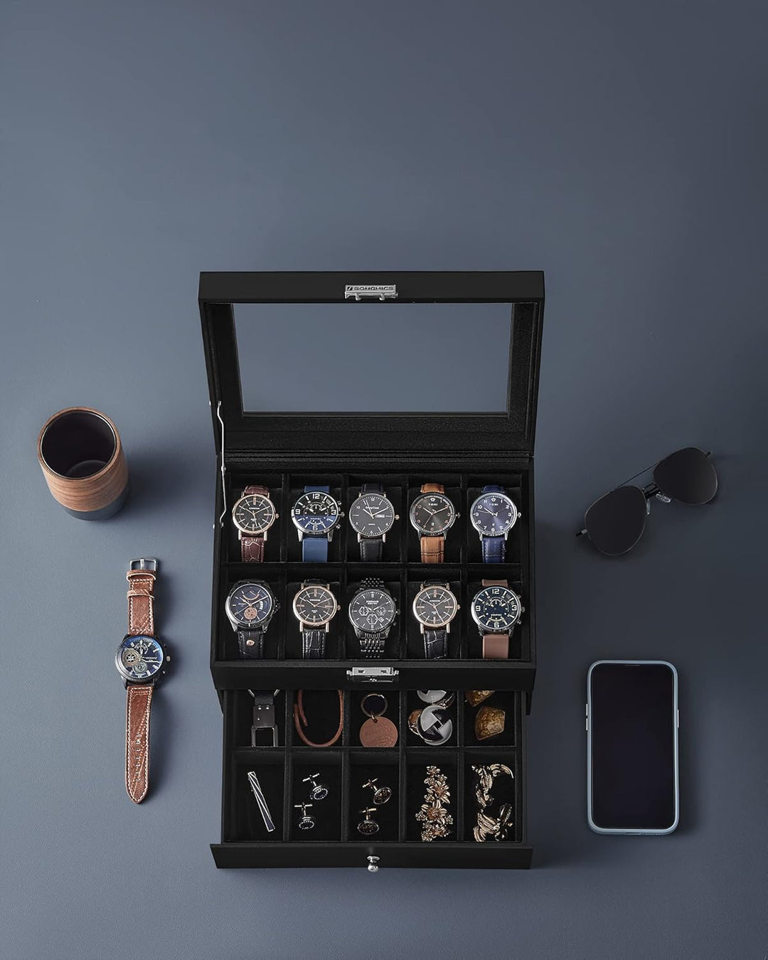 SONGMICS Uhrenbox, Uhrenkasten mit Glasdeckel, 2 Ebenen, Uhrenkoffer mit herausnehmbaren Uhrenkissen