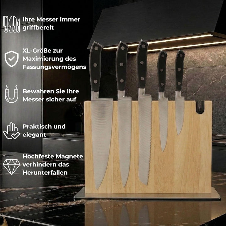 Magnetischer messerblock XL aus Holz mit Messerschärfer. Universal Messerhalter magnetisch ohne Mess