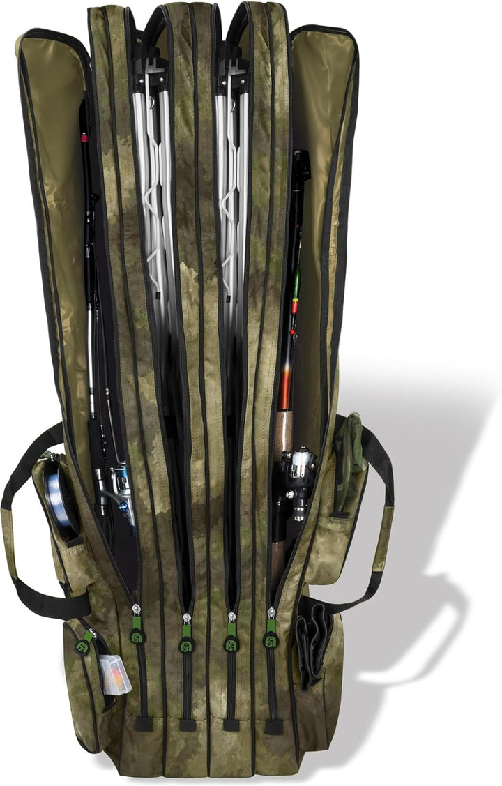 normani XXL Angelrutentasche Rutentasche mit 4 Rutenfächern für 8 Ruten - Angeltasche Kescher und Ru