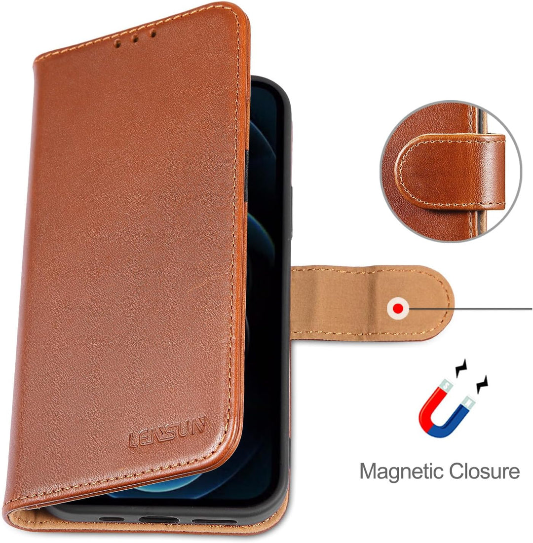 LENSUN Echtleder Hülle für iPhone 12, iPhone 12 Pro Handyhülle Echtes Leder Etui [Kartenfach][RFID B