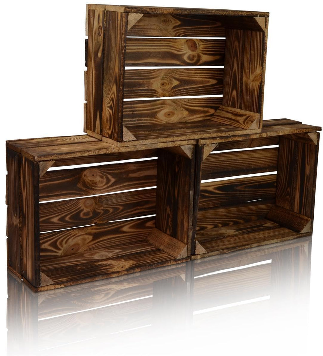 3 Set Holzkiste im Vintage Look geflammt dunkel 38x28x15cm - Obstkiste 38x28x15cm Dunkel Geflammt 3,