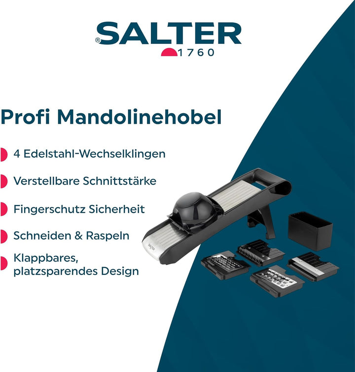 Salter Expert Chef's Mandoline – 4 austauschbare Klingen, Edelstahl, 35x12x8,3 cm, einfach zu bedien