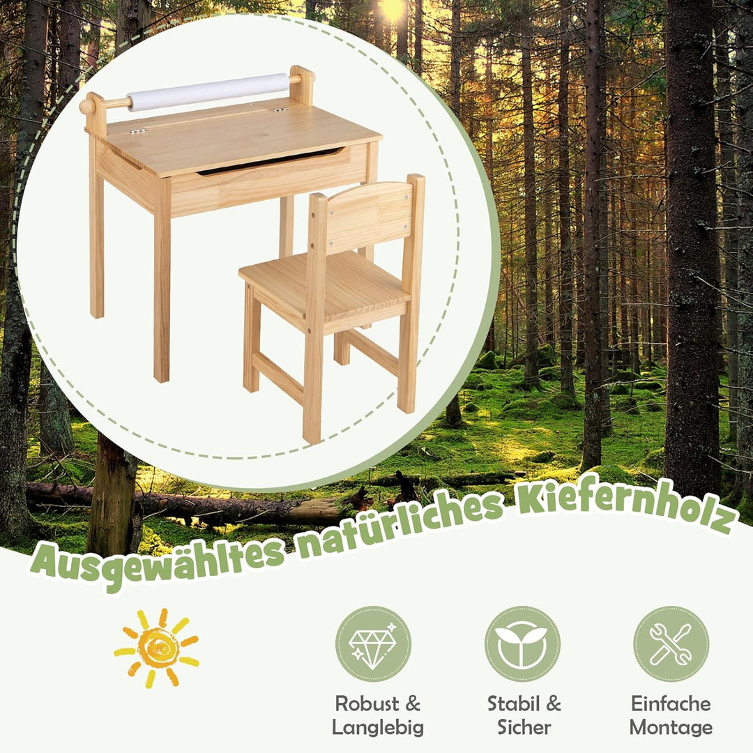DREAMADE Schreibtisch Kinder mit Stuhl, Schülerschreibtisch aus Holz, Jugendschreibtisch, Kindertisc