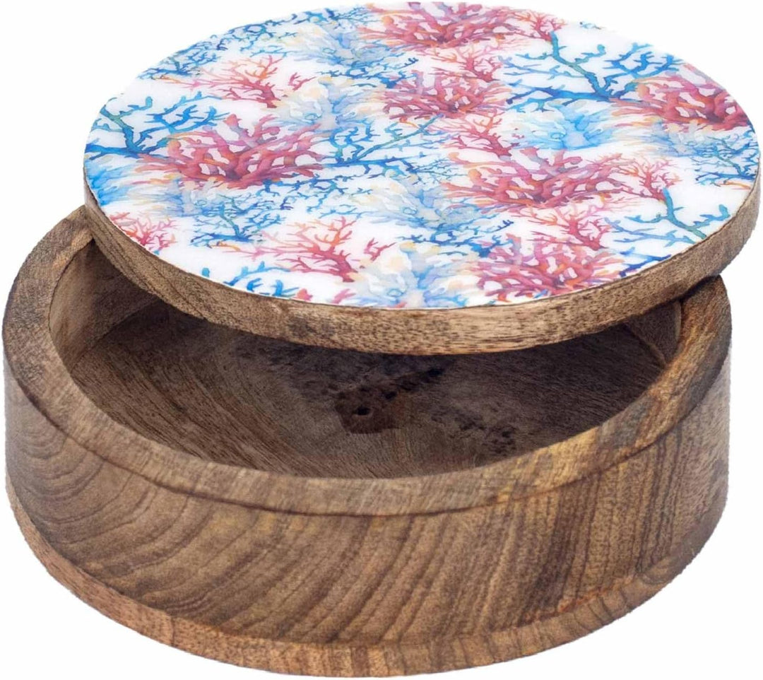 Signes Grimalt Aufbewahrungsbox, rund, Mangoholz und Thema Koralle, Blau und Rot, Durchmesser 20,5 c