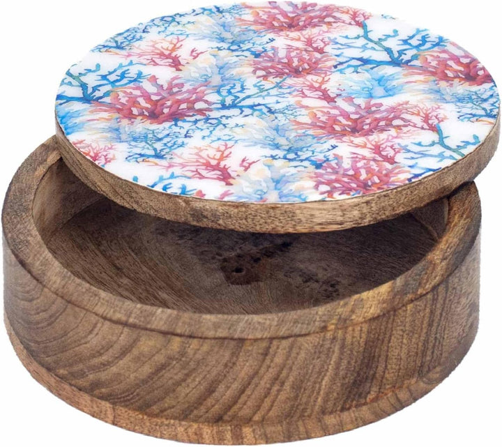 Signes Grimalt Aufbewahrungsbox, rund, Mangoholz und Thema Koralle, Blau und Rot, Durchmesser 20,5 c