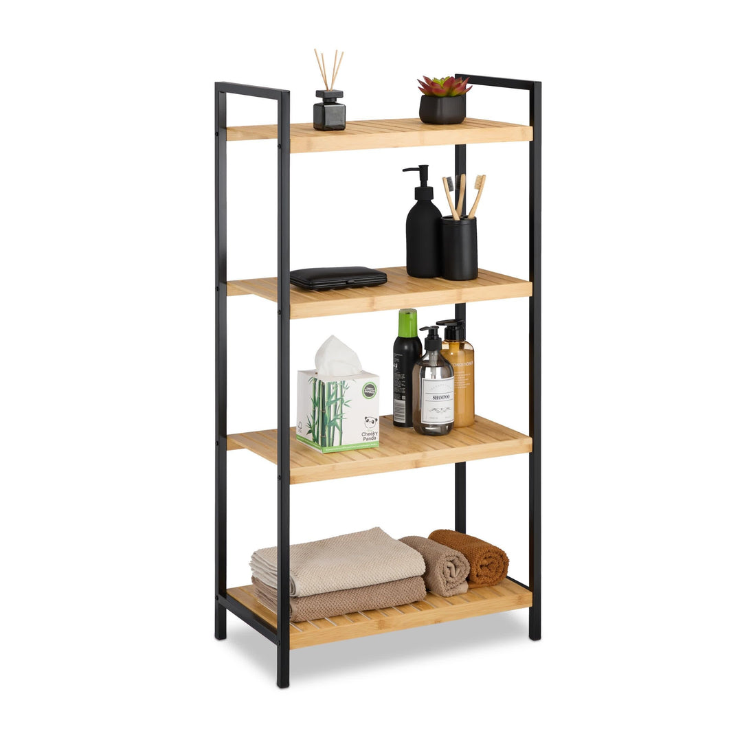 Relaxdays, Natur Regal Bambus, universales Standregal, Bad und Küche, 4 Ablagen, Metall-Rahmen, HxBx