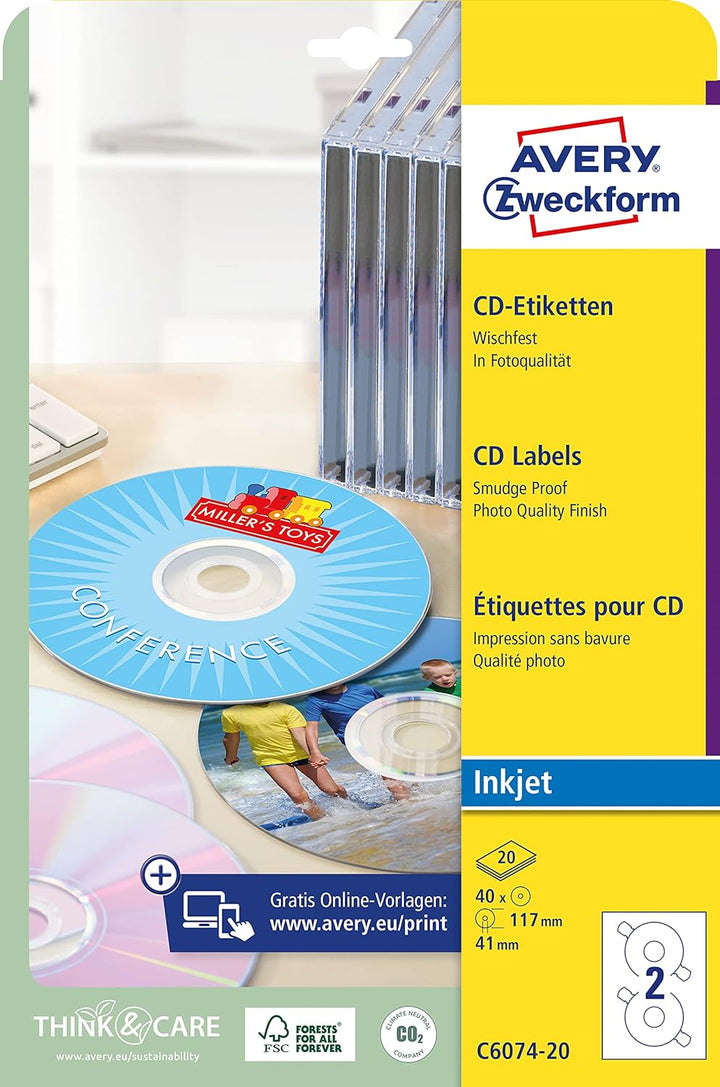 AVERY Zweckform C6074-20 selbstklebende CD-Etiketten (40 blickdichte CD-Aufkleber, Ø 117 mm auf A4,