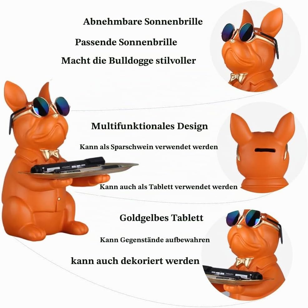 Orange Bulldoggen-Tablett-Statue – Modernes Sparschwein-Tablett zur Aufbewahrung von Schlüsseln, Süs
