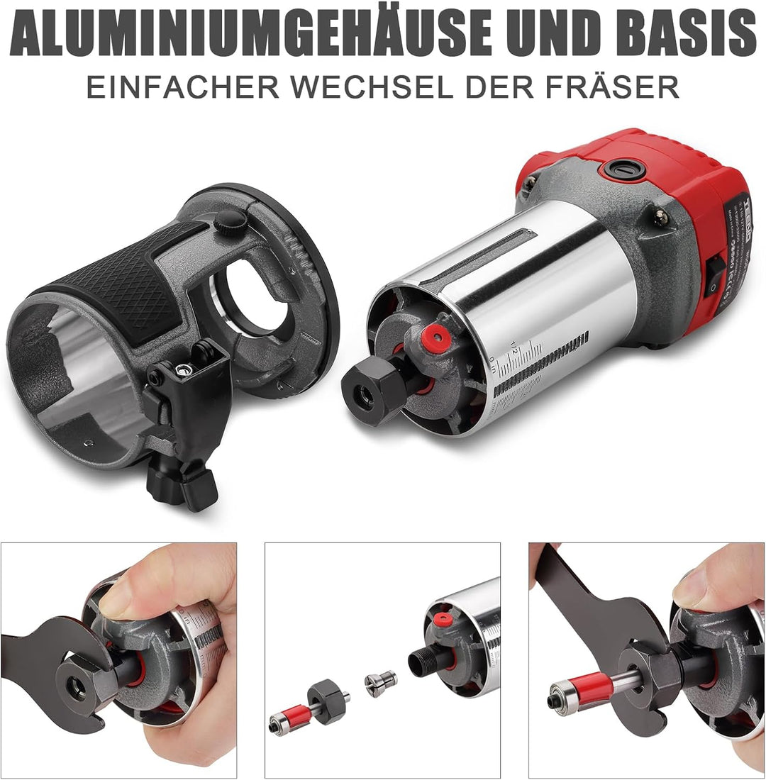TEENO Holzfräse Oberfräse 710W 13000–33000 U/min mit Staubabsaugungsanschluss, Elektrik Kantenfräse