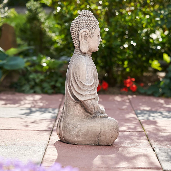 XXL Grosser Buddha 50 cm Steinoptik Garten Deko Figur Skulptur Feng Shui sitzend Steinfigur-Optik (h