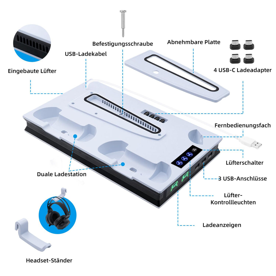 Mcbazel PS5 Pro/ PS5/ PS5 Slim Ladestation Ständer mit 3 Stufig Lüfter und Licht, PS5 Ständer Contro