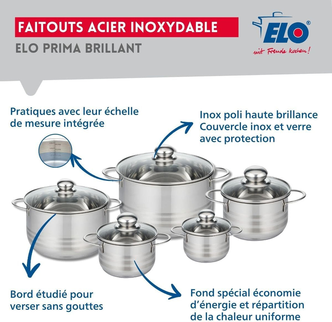 ELO 9730950 Kochgeschirr-Set, 7-teilig, 2 Bratpfannen 20 und 32 cm und 5 Kochtöpfe 12, 14, 16, 20 un