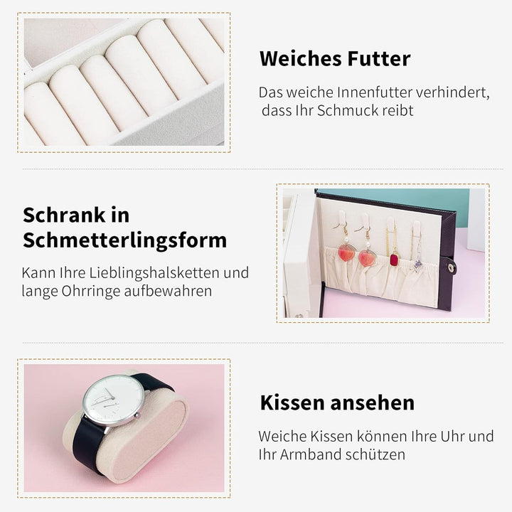 AdelDream Schmuckkasten Schmuckkästchen mit 2 Schubladen abschliessbarer Schmuck-Organizer mit Spieg