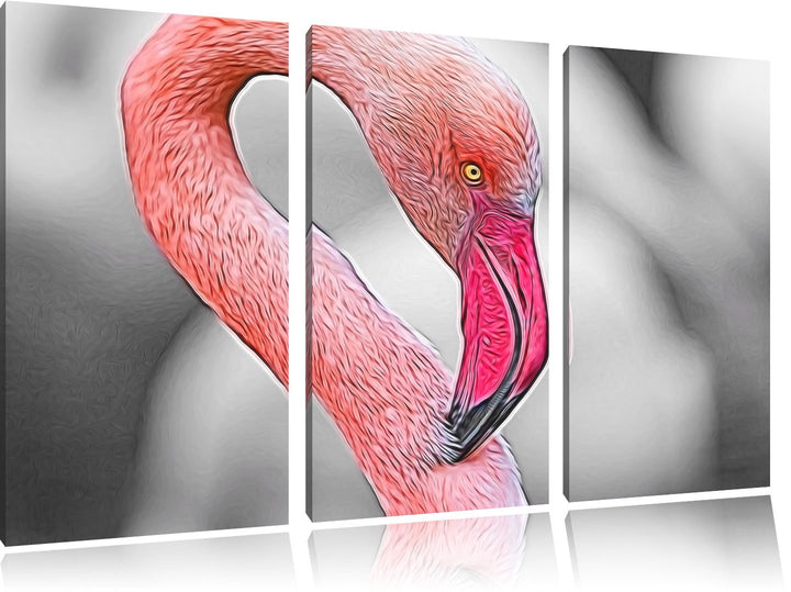 prächtiger Flamingo schwarz/weiss Deluxe 3-Teiler Leinwandbild 120x80 Bild auf Leinwand, XXL riesige