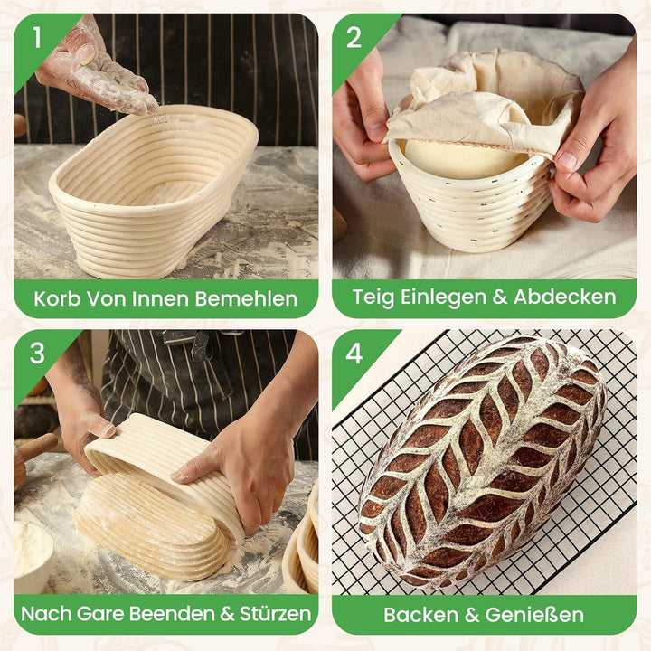 GEEKHOM Gärkörbchen Oval 25cm aus Natürlichem Rattan - Gärkorb Brot mit Waschbarem Bäckerleinen für