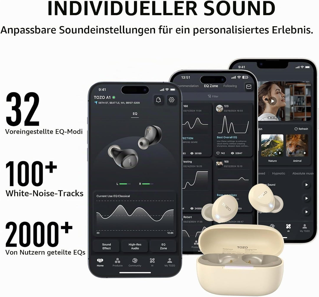 TOZO A1 Bluetooth Kopfhörer, Kopfhörer Kabellos Bluetooth 5.3 In Ear Kopfhörer mit APP Steuerung, 32