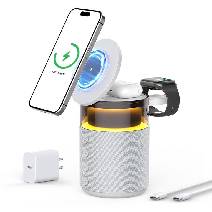 3-in-1 Bluetooth-Lautsprecher mit Nachtlicht und kabellosem Ladegerät, dimmbare Nachttischlampe mit