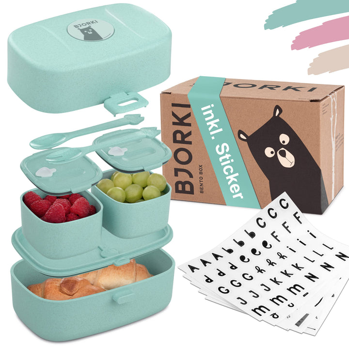 BJORKI® Bento Box für Kinder inkl. Bonus Namensticker - Auslaufsichere Lunchbox mit Fächern - Nachha