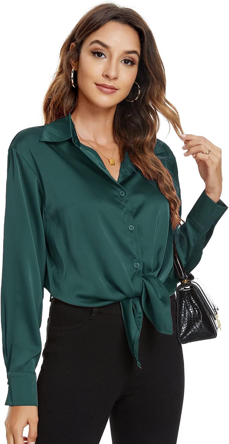 Atnlewhi Damen Bluse Langarm Knöpfen Satin Seide Hemden Basic Kent Kragen Arbeit Büro Formelle Casua
