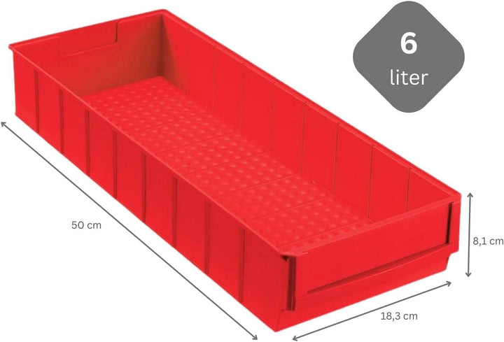 SparSet 5x Rote Industriebox 500 B | HxBxT 8,1x18,3x50cm | 6 Liter | Sichtlagerkasten, Sortimentskas