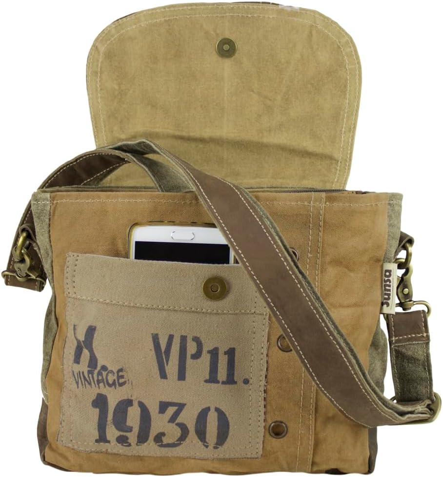 Sunsa Vintage Umhängetasche. Kleine Tasche aus Canvas & Leder. Nachhaltige Messenger Bag. Geschenk I