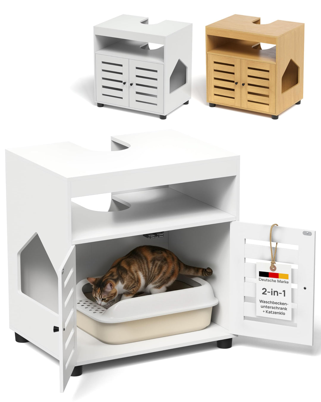 Katzenschrank für Katzenklo – Stilvoller Waschbeckenunterschrank/Katzenmöbel mit flexiblem Einstieg