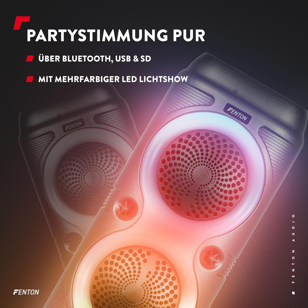 Fenton Track210 Bluetooth Lautsprecher – Party Musikbox 100 Watt mit LED Lichtshow, Akku 8 h, USB/mi
