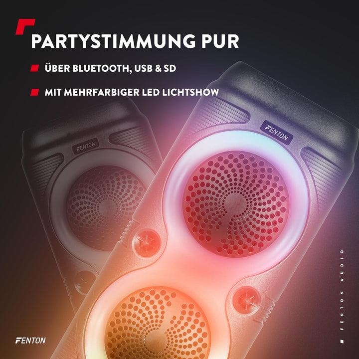 Fenton Track210 Bluetooth Lautsprecher – Party Musikbox 100 Watt mit LED Lichtshow, Akku 8 h, USB/mi