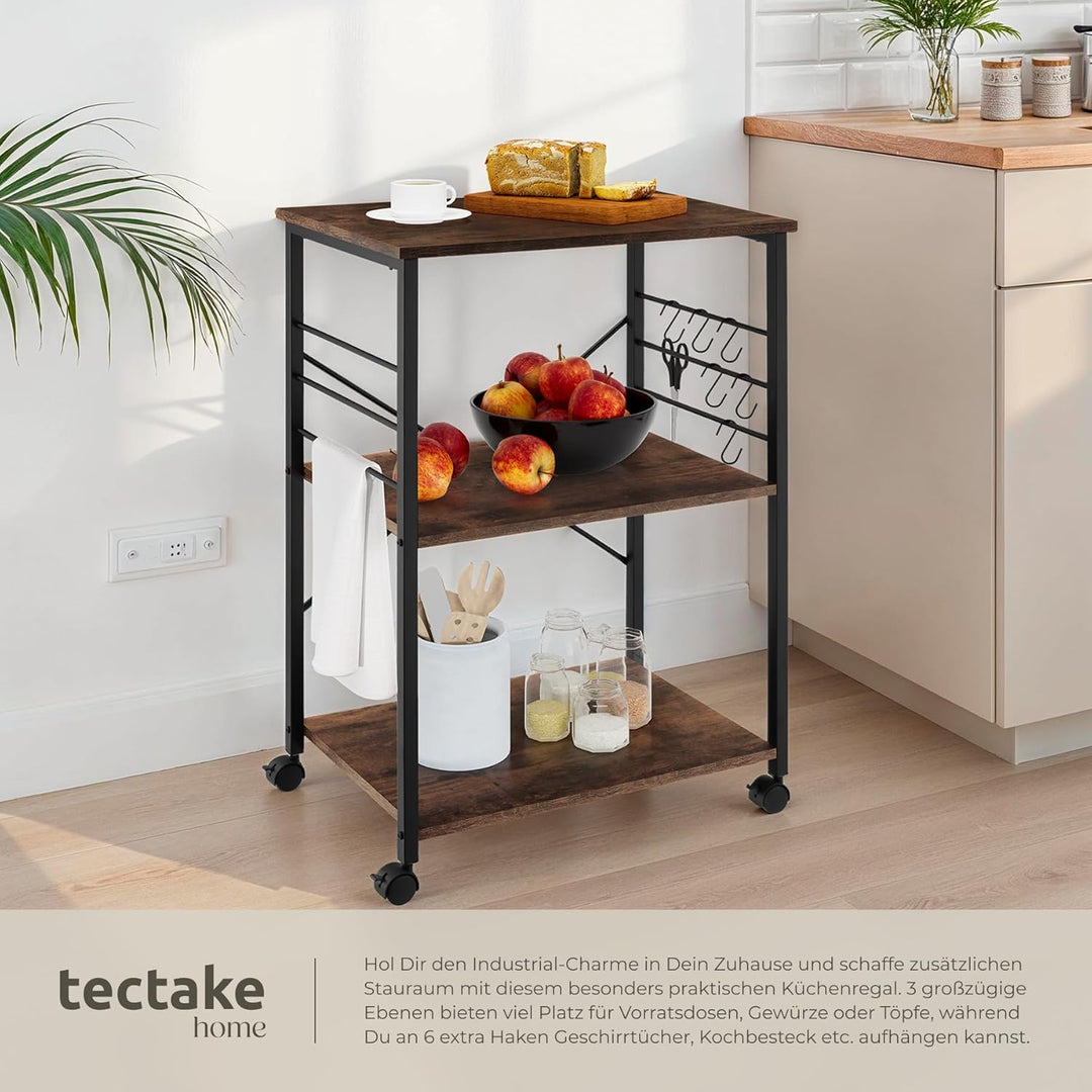 tectake® Industrial Servierwagen mit Rollen, Kücheninsel Küchenregal 3 Ablagen, Küchenschrank, Gewür