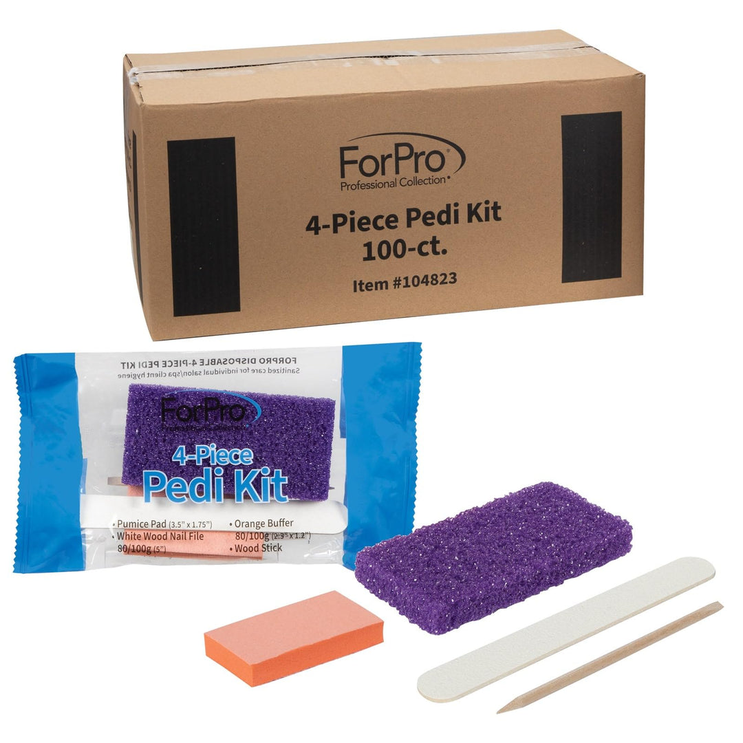 ForPro Pediküre-Set, 4-teilig, 100 Stück, einzeln verpackt, lila Bimsstein, weisse Holznagelfeile Kö